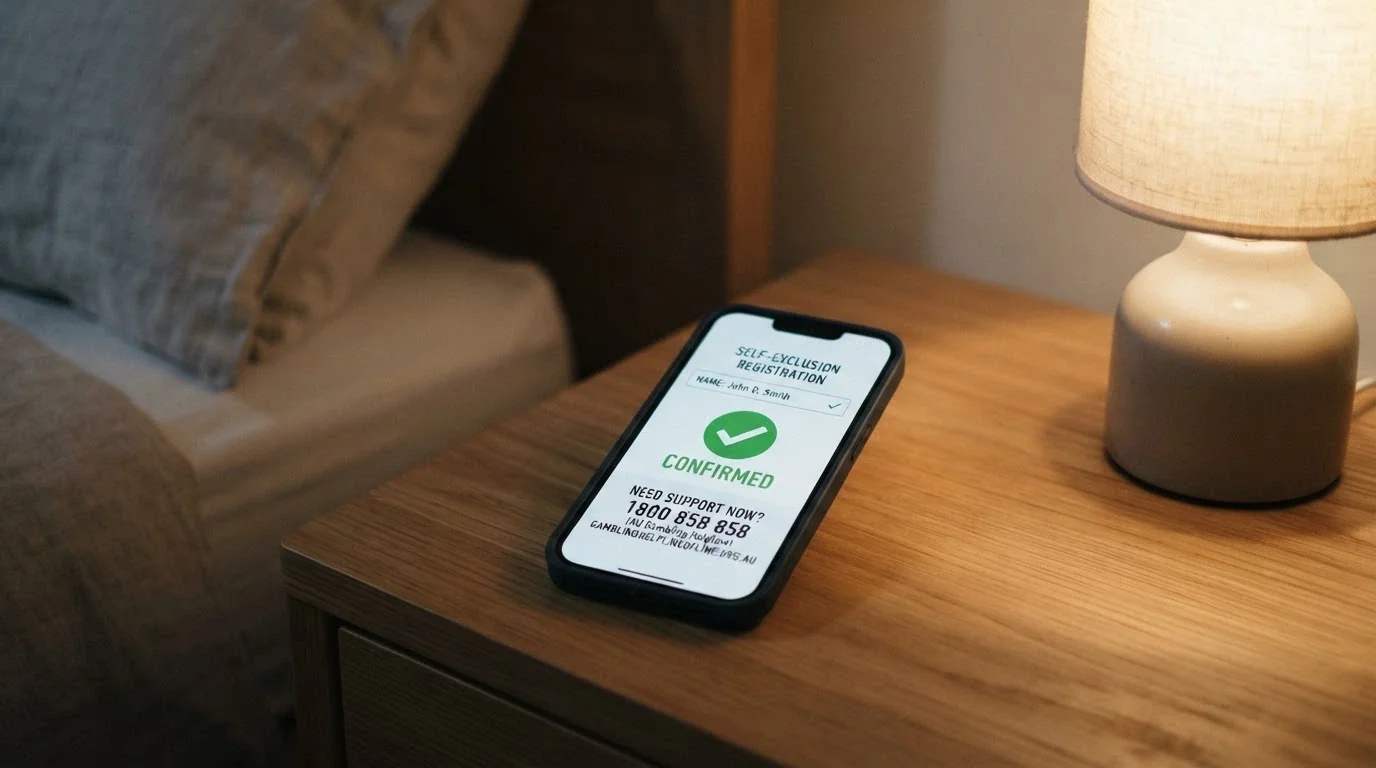 A BetStop registration screen and the 1800 858 858 National Gambling Helpline number displayed on a smartphone