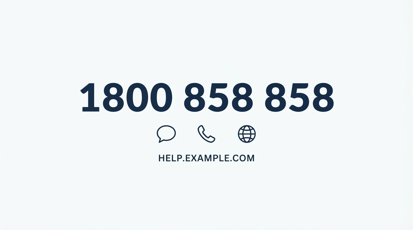 A clean, text-forward composition showing the 1800 858 858 number prominently, with smaller icons for online chat, phone and the gamblinghelponline.org.au URL beneath.