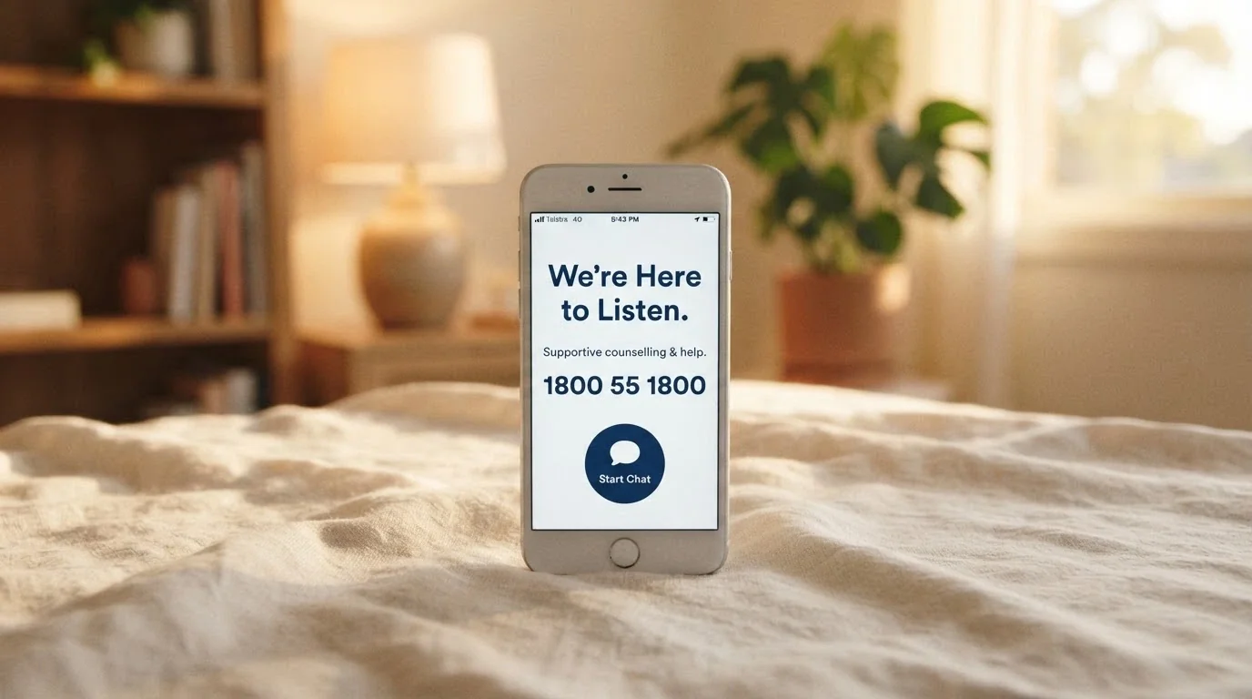 A calm, supportive visual: a smartphone showing the Gambling Help Online homepage with the 1800 858 858 number prominent, in a softly lit setting