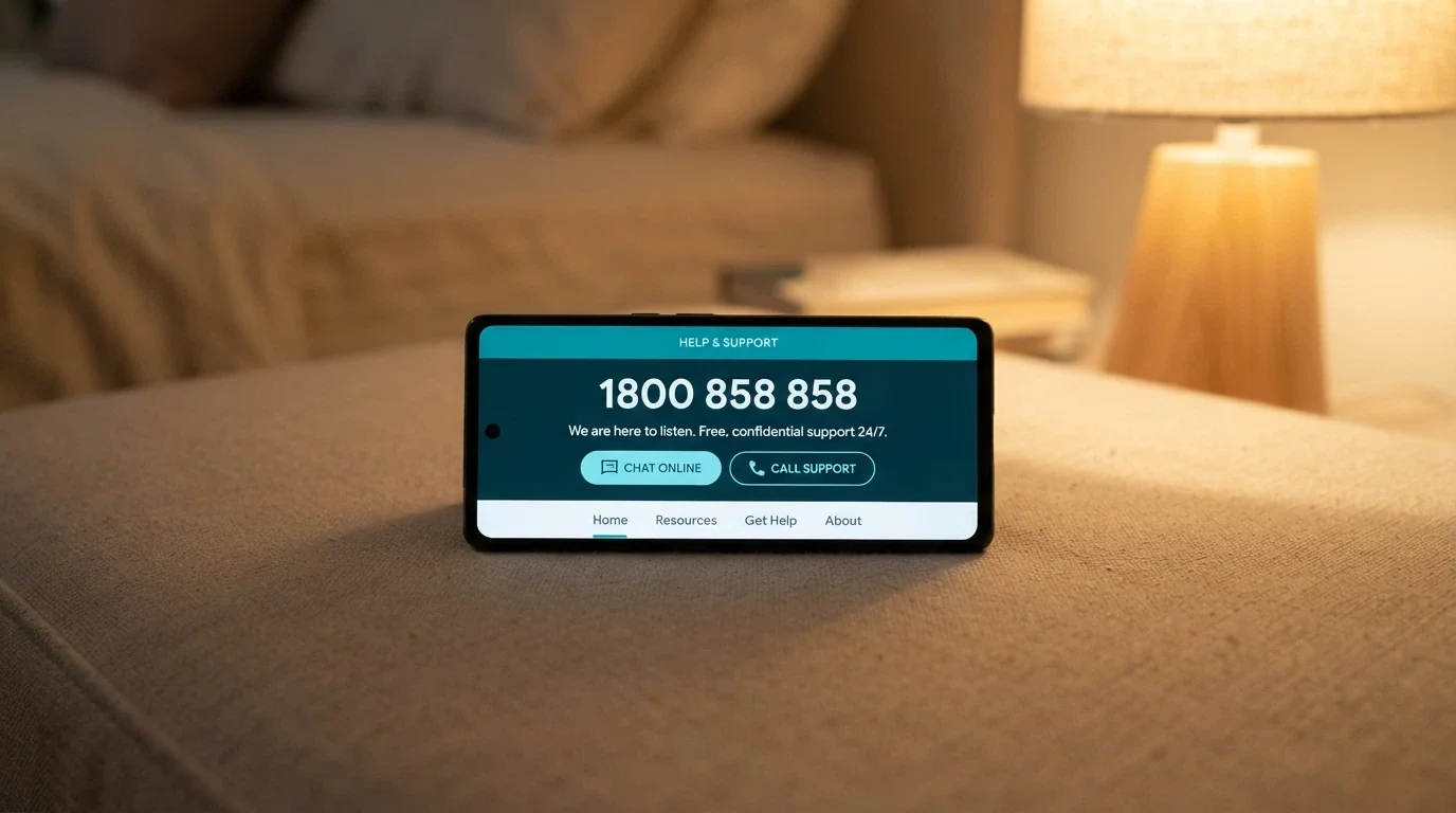 A smartphone screen showing the Gambling Help Online homepage or the BetStop registration page, with the 1800 858 858 number prominent