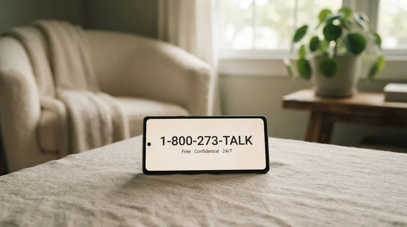 A phone displaying the number 1800 858 858 on screen with the words “Free · Confidential · 24/7” beneath it, set against a calm, supportive visual background