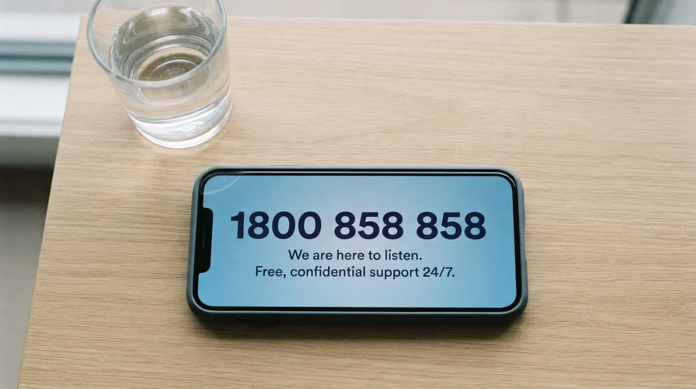 A phone screen displaying the 1800 858 858 helpline number against a calm, supportive counselling setting