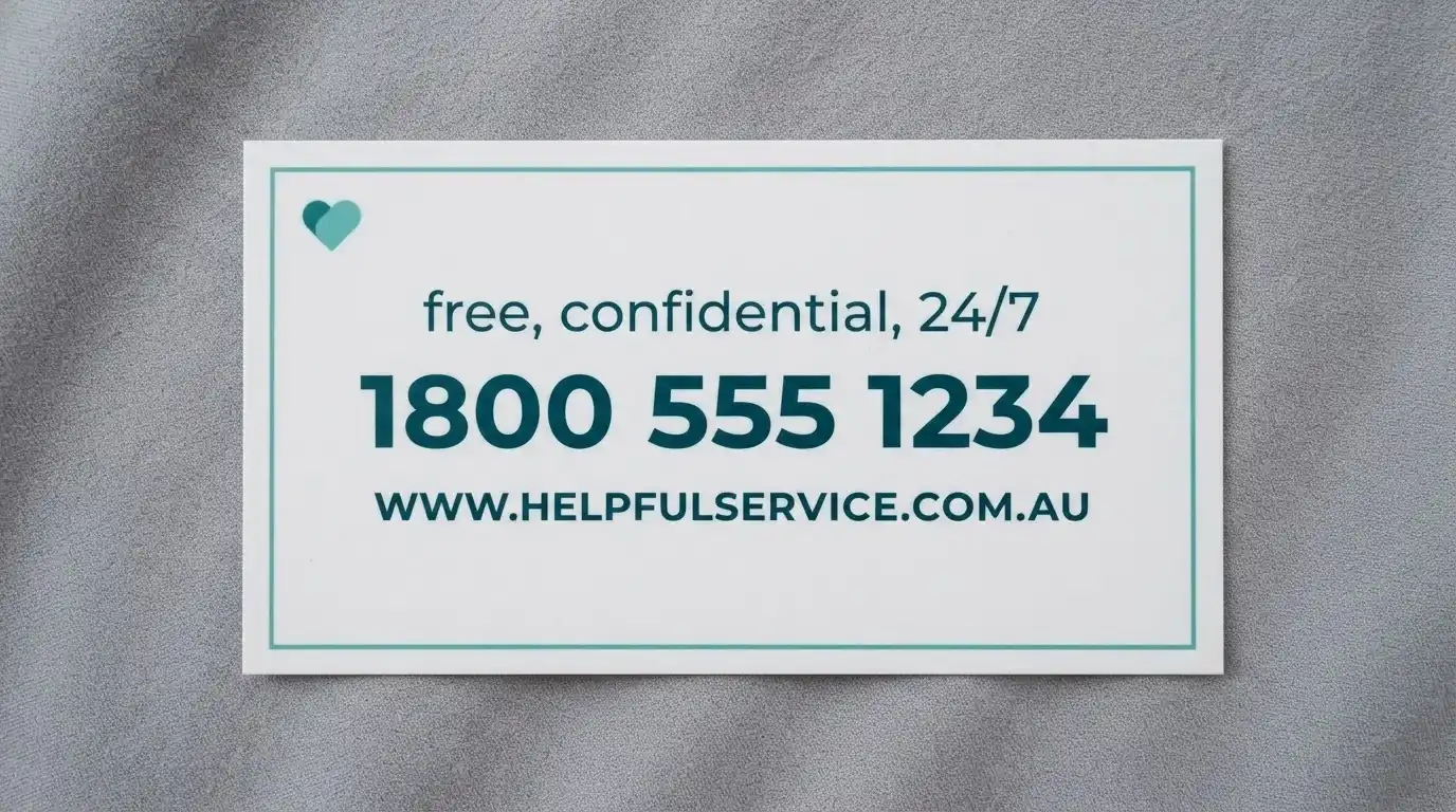 A clean card displaying the National Gambling Helpline number 1800 858 858, the Gambling Help Online URL and the words “free, confidential, 24/7”