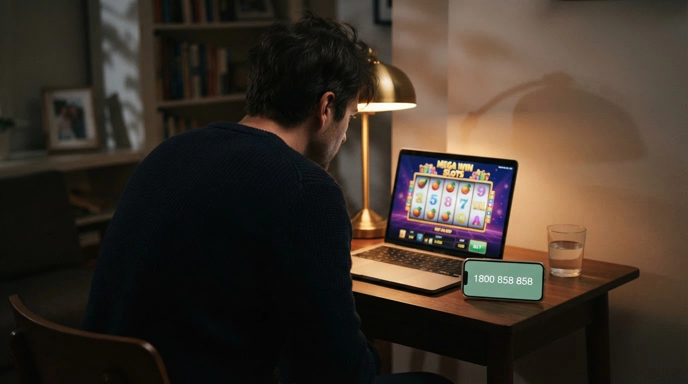A concerned person looking at a pokies screen on a laptop, with a phone nearby showing the number 1800 858 858