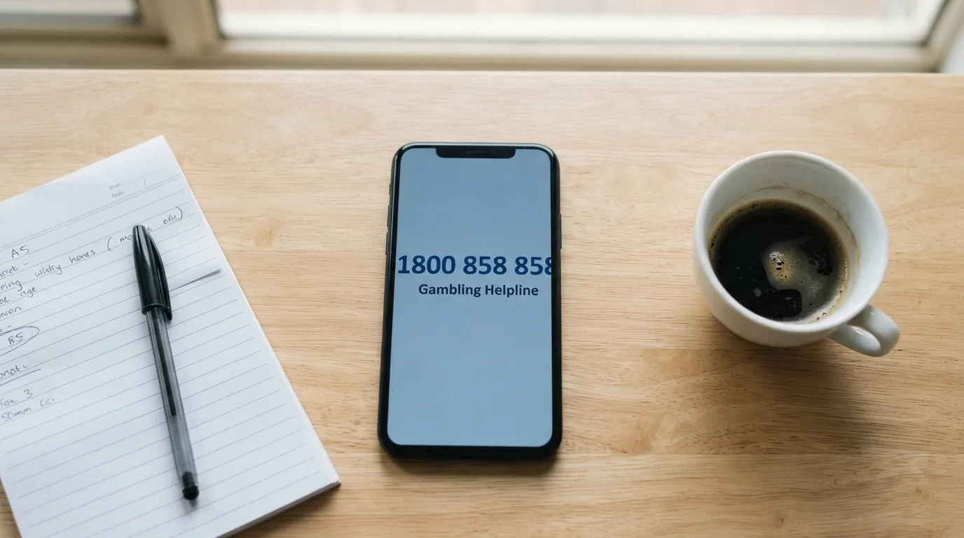 A phone displaying the National Gambling Helpline number 1800 858 858 on screen, resting on a desk beside a cup of coffee in soft daylight