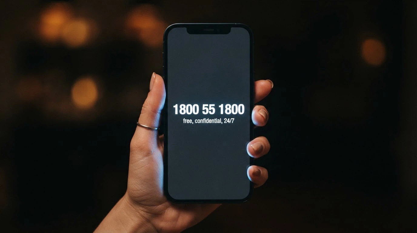 A close-up of a phone dialling 1800 858 858 against a dark background, with the words “free, confidential, 24/7” beneath the number