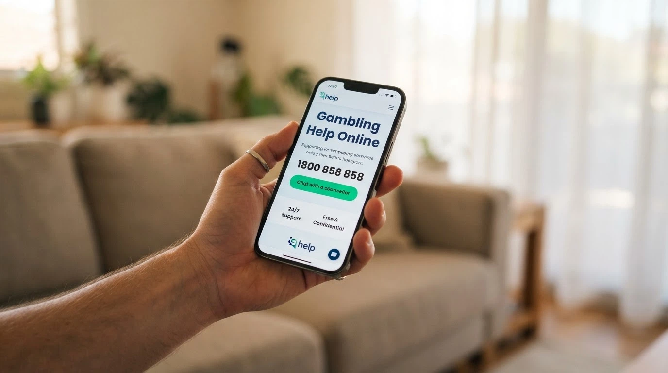 A smartphone showing the Gambling Help Online homepage with the 1800 858 858 helpline number prominent and a “Chat with a counsellor” button below.