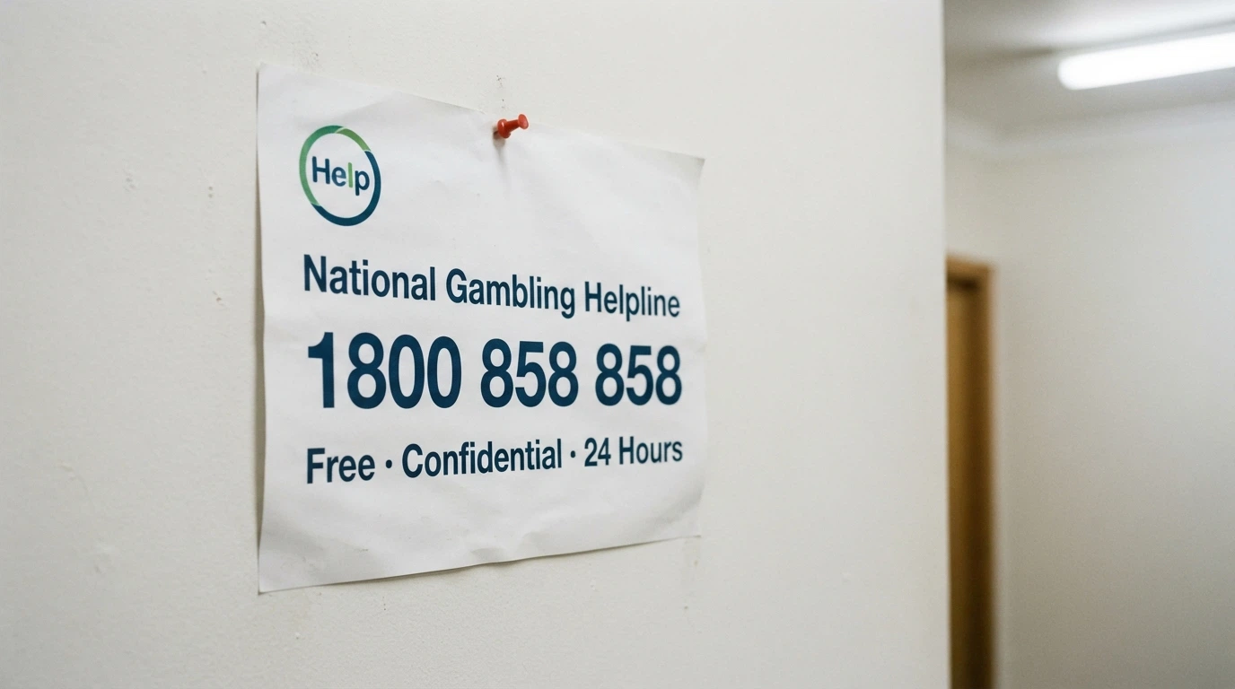 A responsible gambling awareness poster with the 1800 858 858 National Gambling Helpline number displayed prominently beside the Gambling Help Online logo