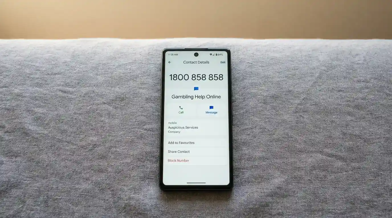 A close-up of a phone displaying the National Gambling Helpline number 1800 858 858 alongside a Gambling Help Online chat window