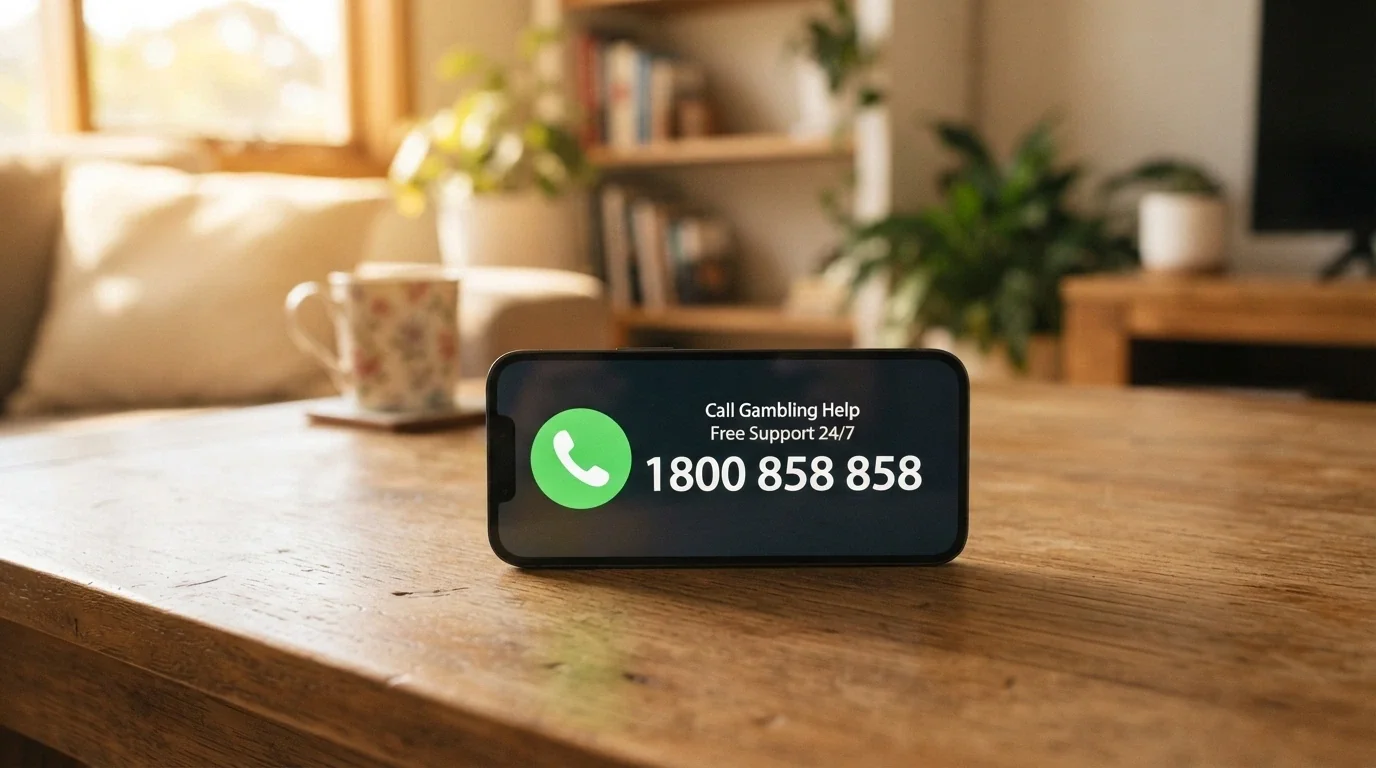 A smartphone screen displaying the National Gambling Helpline number 1800 858 858 with a call icon