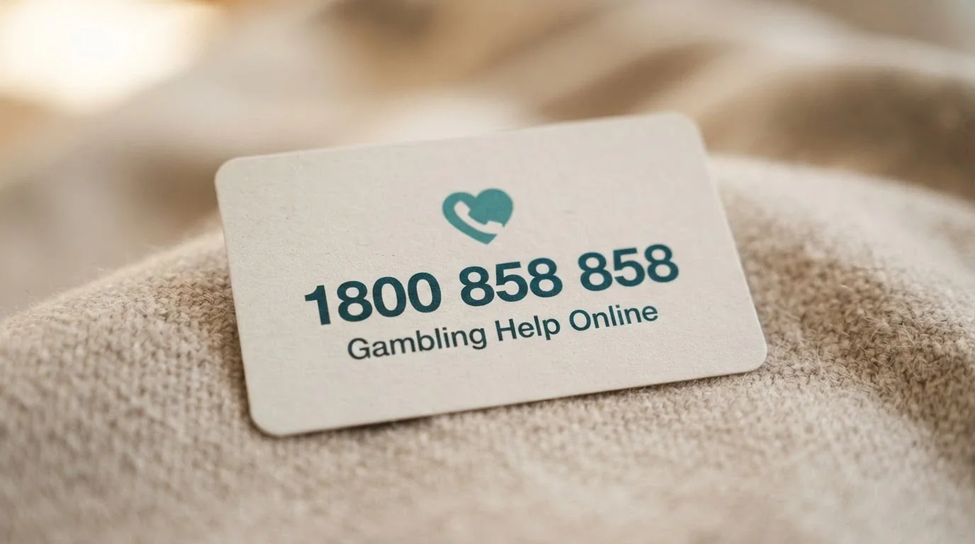 A close-up of a support card or smartphone screen showing the National Gambling Helpline number 1800 858 858 and the Gambling Help Online web address