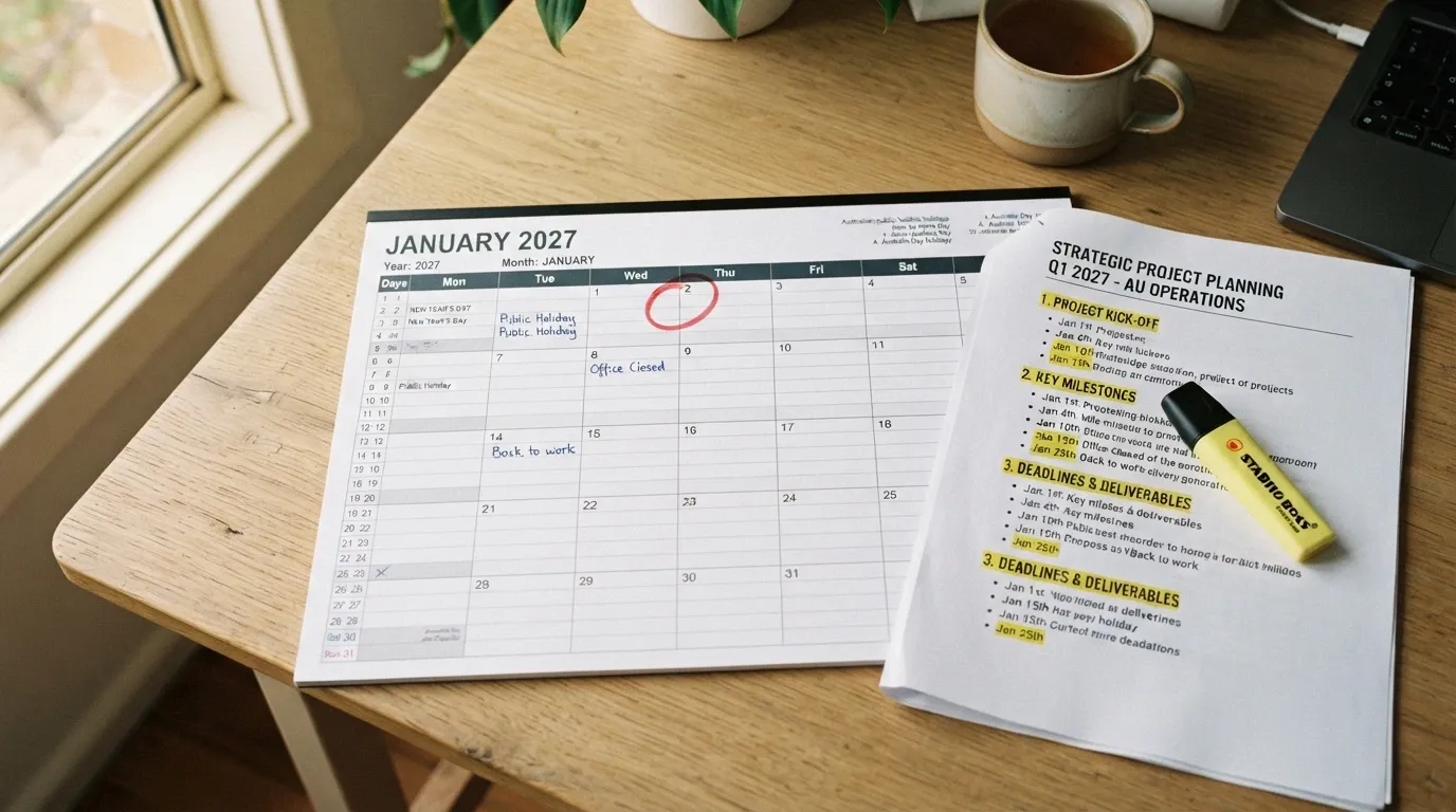 A calendar open to January 2027 with a marker on the 1st, beside a printed copy of the Interactive Gambling Amendment Bill with key dates highlighted