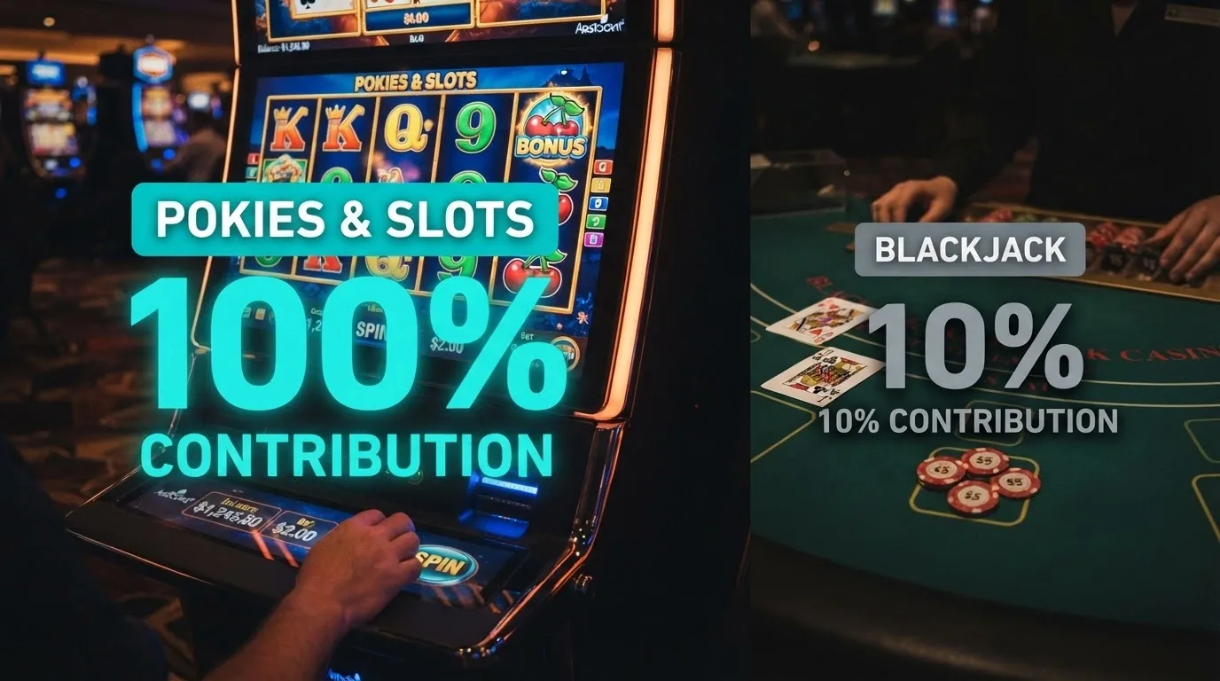 A split visual showing a pokies screen with “100% contribution” next to a blackjack table with “10% contribution” — the pokies side is larger and brighter