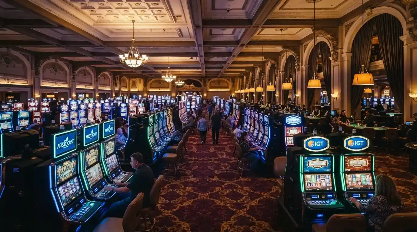 Rows of gaming machines across the SkyCity Adelaide main gaming floor