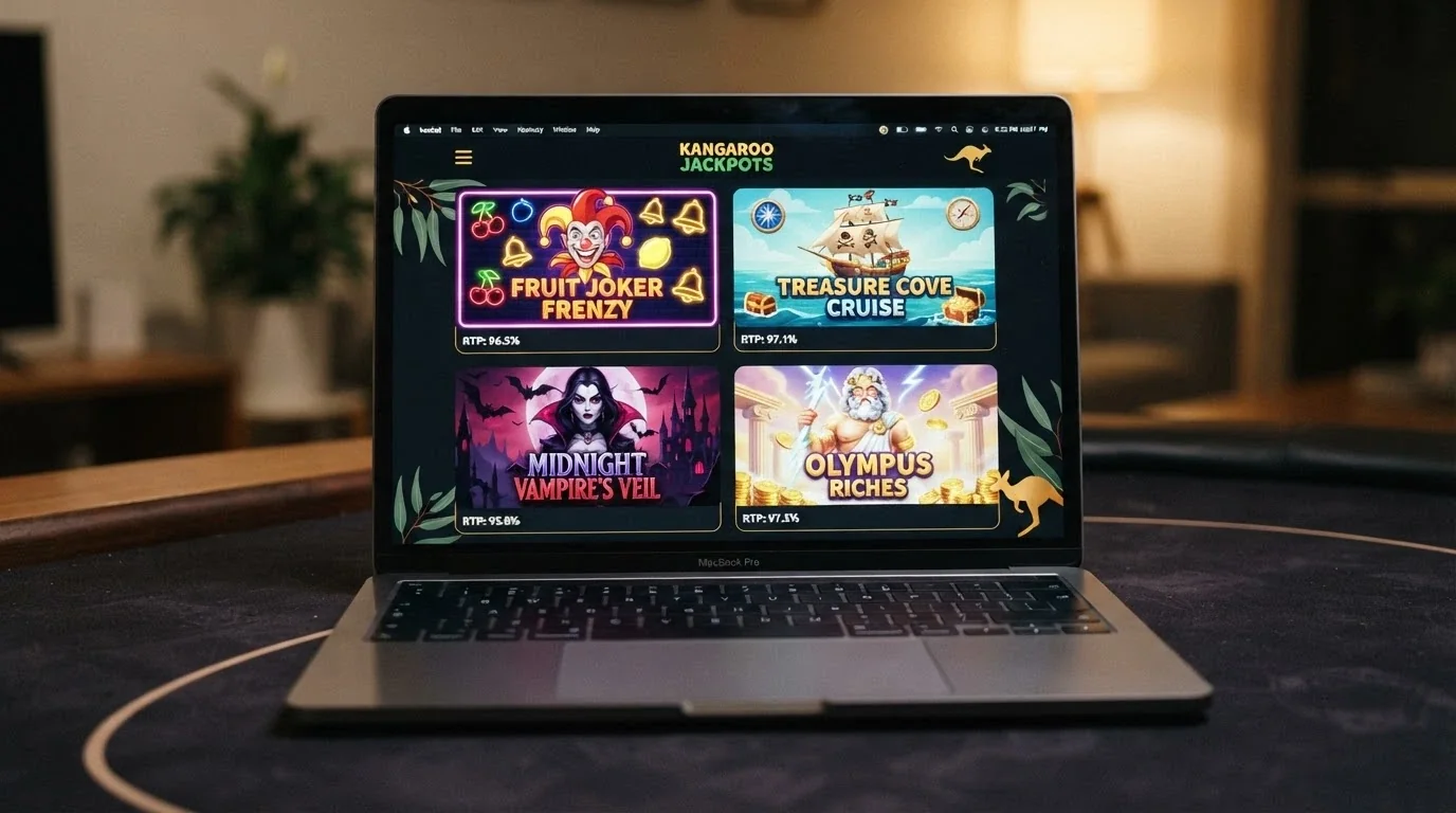 A grid of popular online pokie title cards — Mega Joker, Blood Suckers, Gates of Olympus and Big Bass Bonanza — with their RTP percentages displayed beneath each one