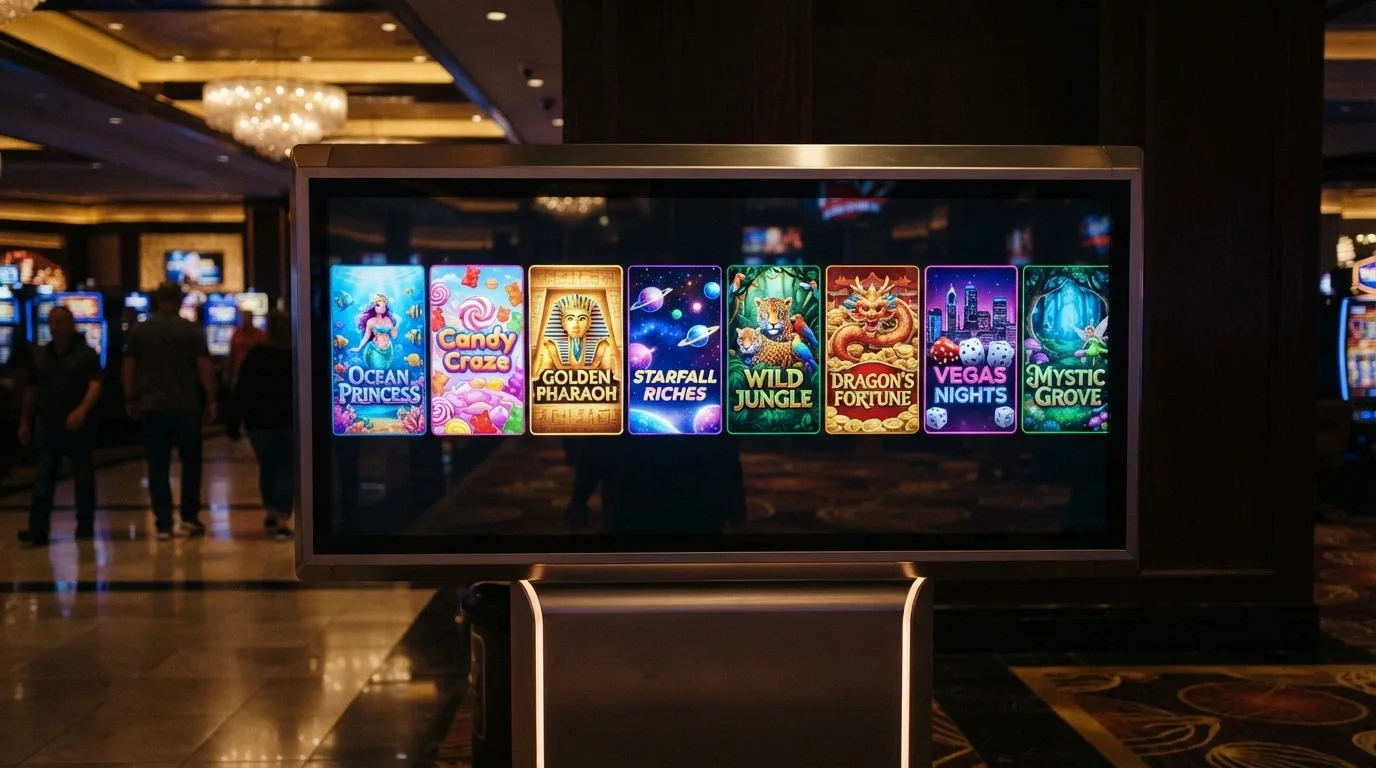 A row of popular online pokie titles on a casino lobby screen including Big Bass Bonanza and Sweet Bonanza