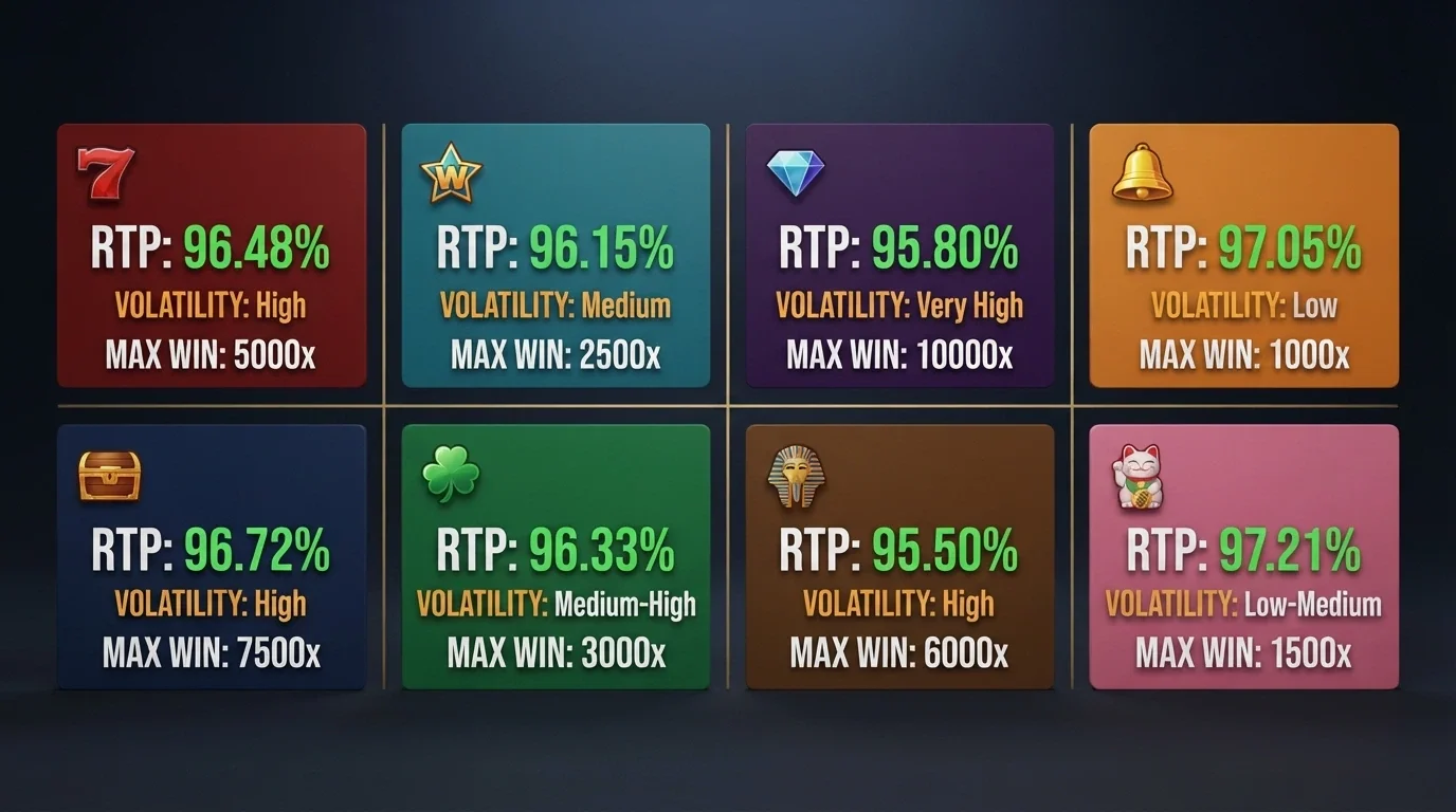A grid of high-RTP pokies title cards with RTP percentages, volatility labels and max-win figures displayed
