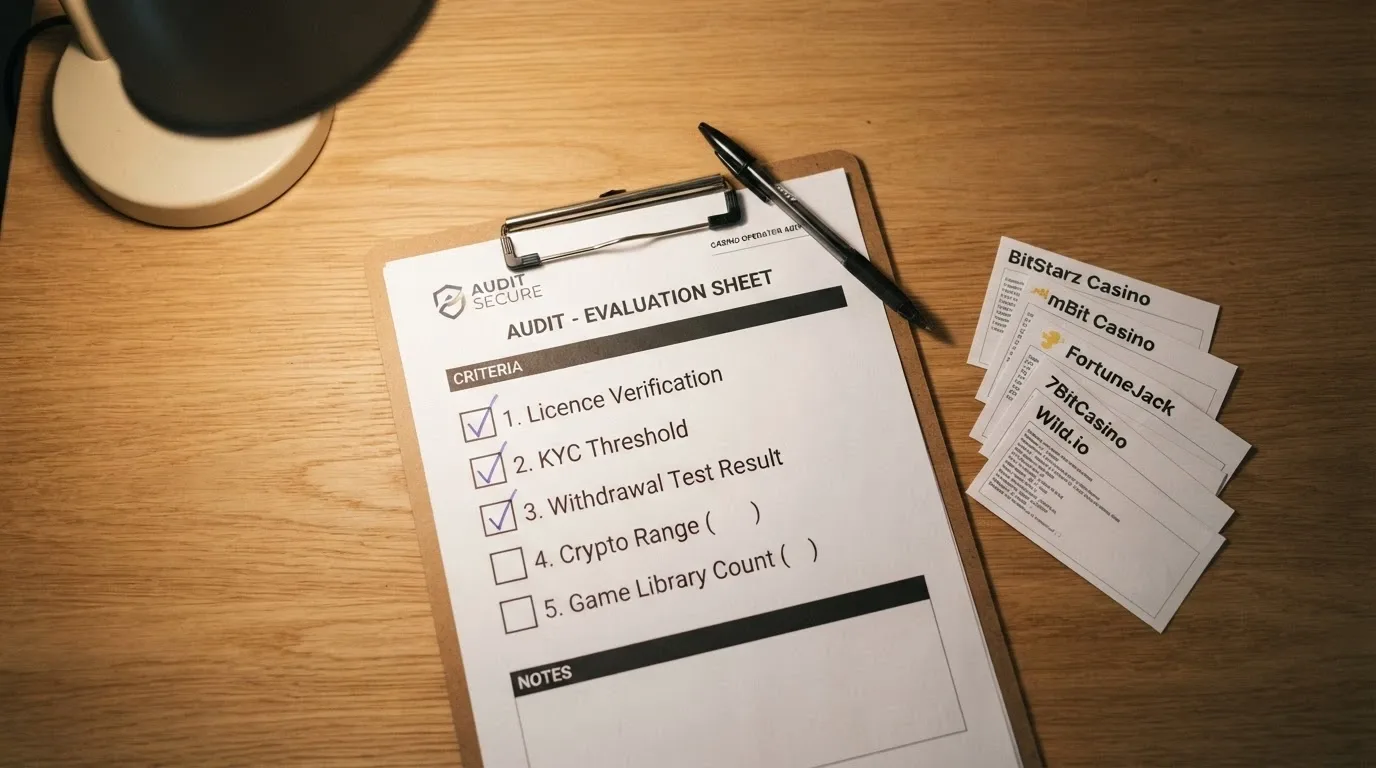 A clipboard holding a checklist of evaluation criteria — licence verification, KYC threshold, withdrawal test result, crypto range and game library count — with several items ticked.