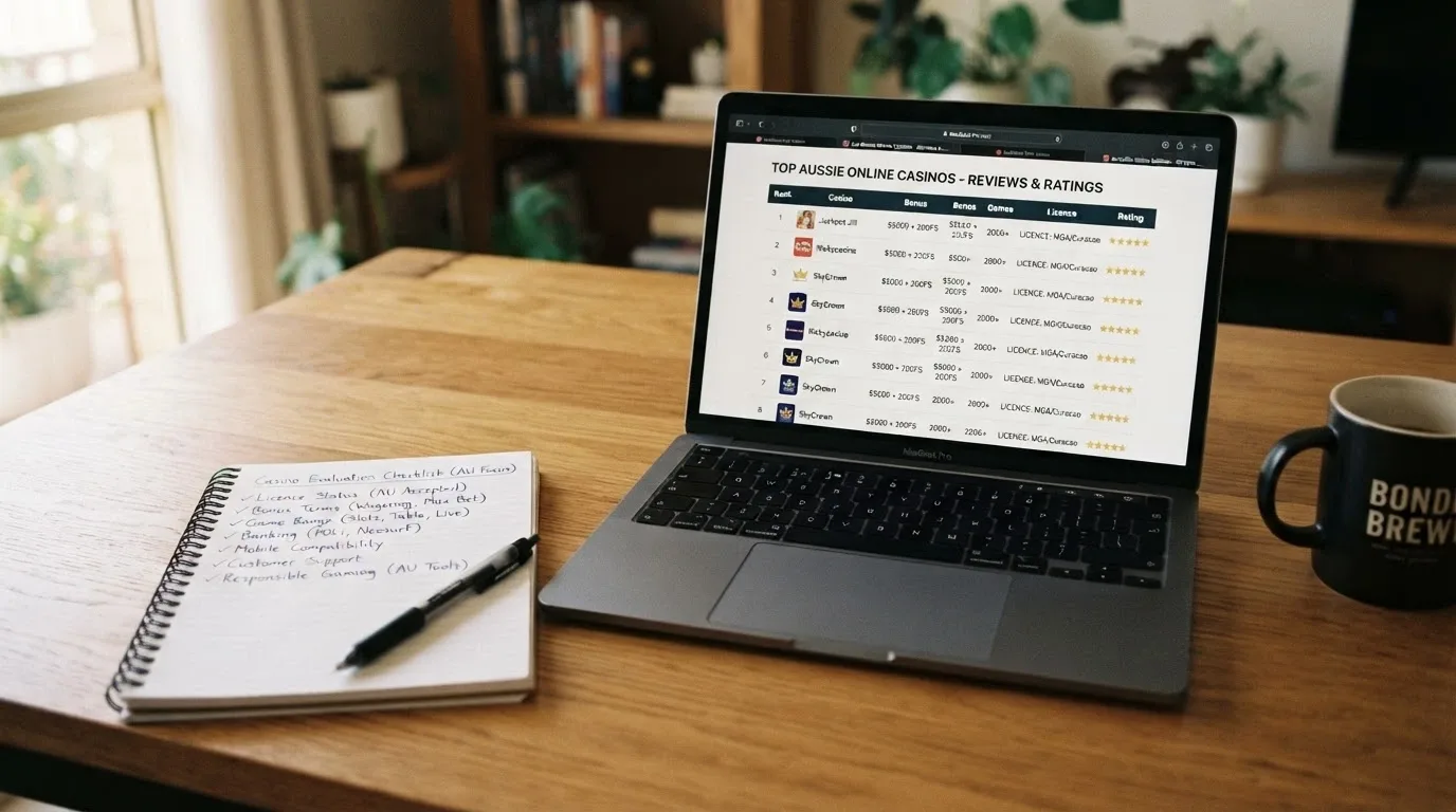 A desk with a notepad showing a checklist of evaluation criteria — licence status, bonus terms, game range, payment support — next to a laptop open to a casino review
