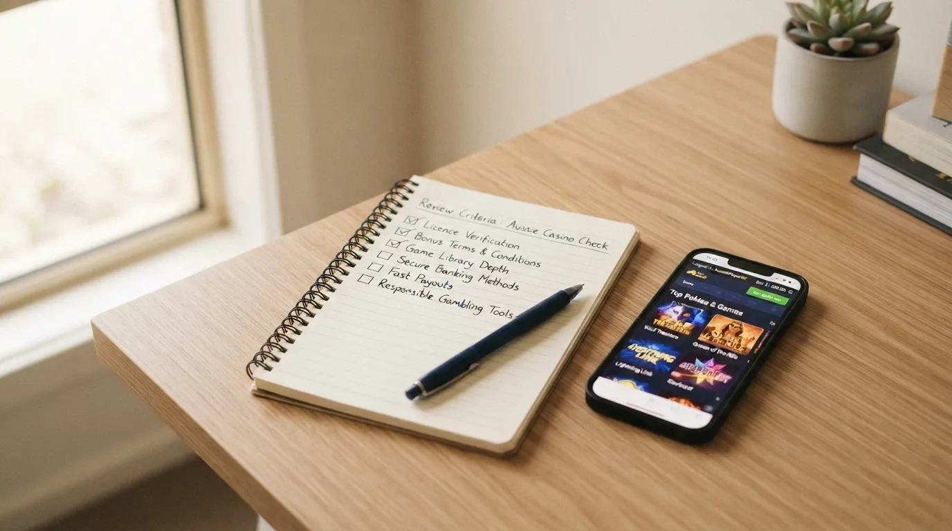 A notepad and smartphone on a desk with a checklist including licence verification, bonus terms and game-library depth