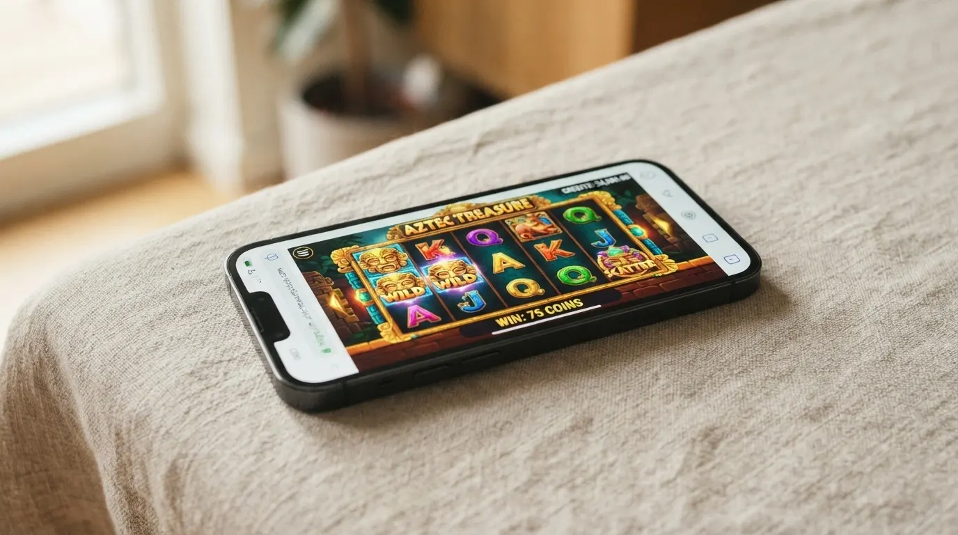 An Android phone in landscape orientation displaying a colourful pokies demo game running in the Chrome browser with a virtual credit balance visible