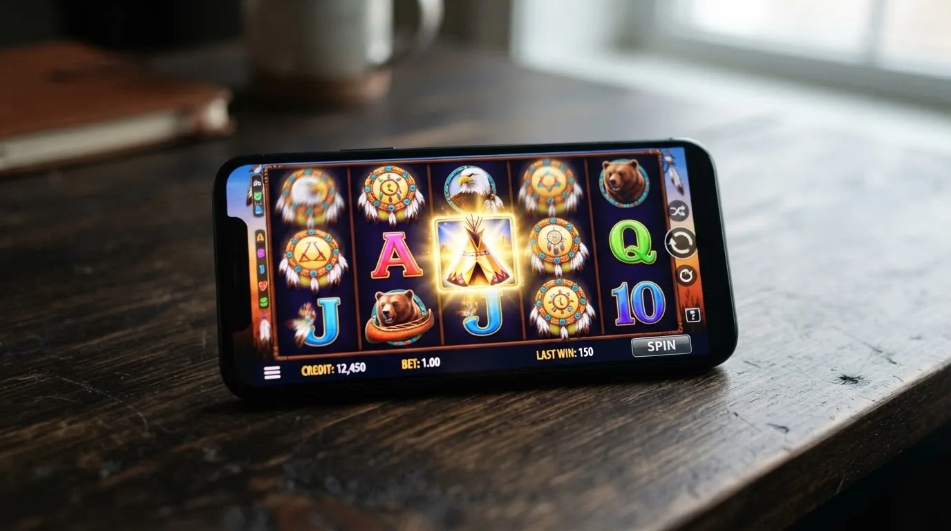 The five reels of Aristocrat's Indian Dreaming pokie showing the Teepee wild symbol on reel three and Dreamcatcher scatter symbols across the grid