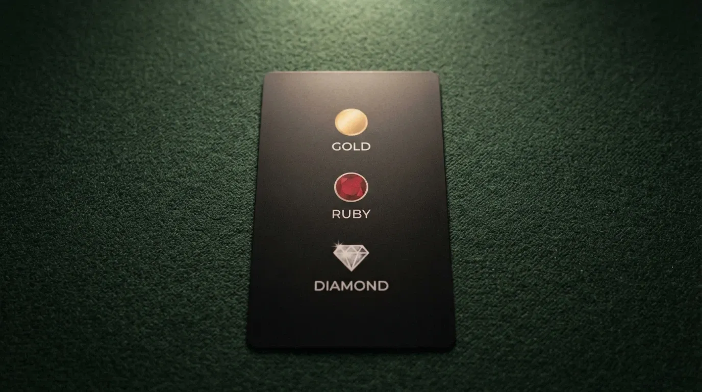 An Infinity Rewards loyalty card on a gaming table surface, with the Gold, Ruby and Diamond tier branding visible