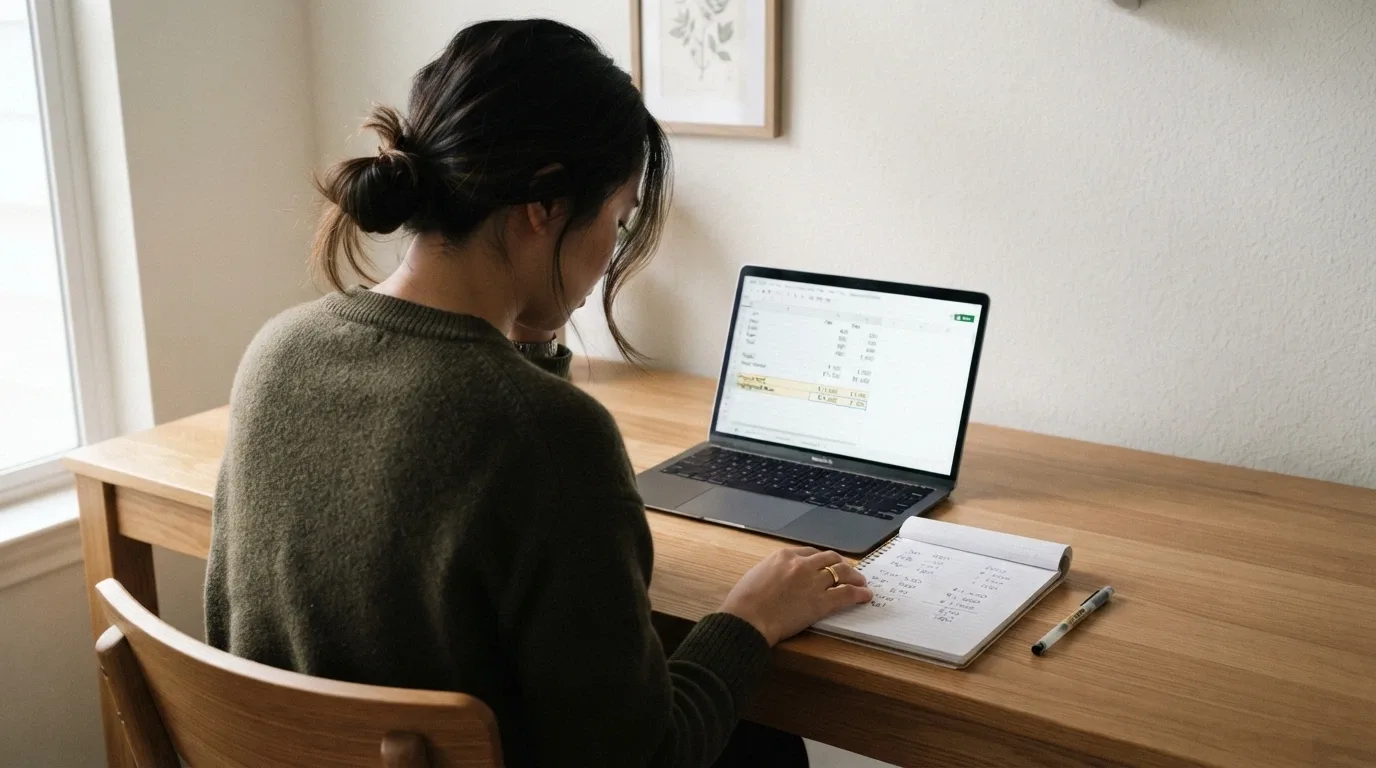 A person at a desk with a laptop, a notepad and a calm expression — weighing up a decision with numbers in front of them