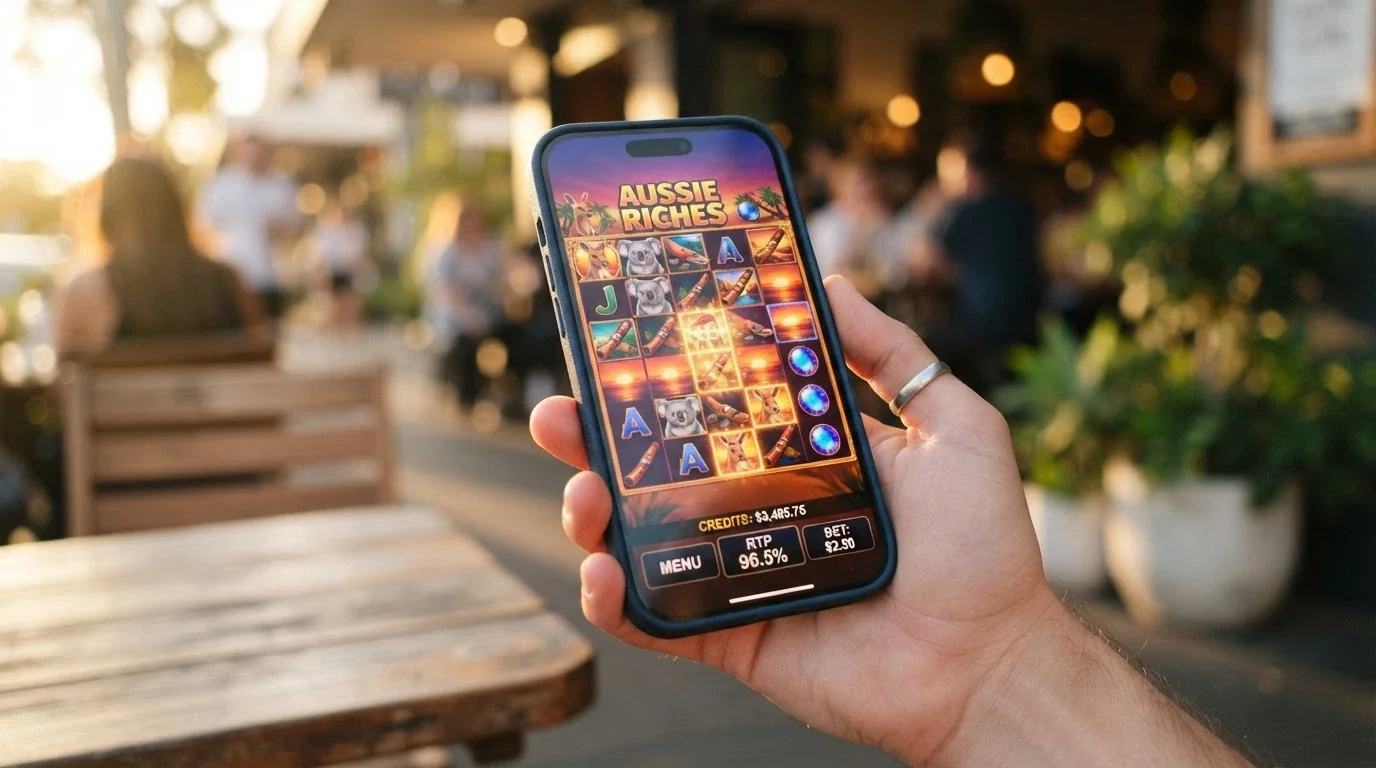 A smartphone displaying a 7-reel slot game with the RTP figure visible in the game info or help panel