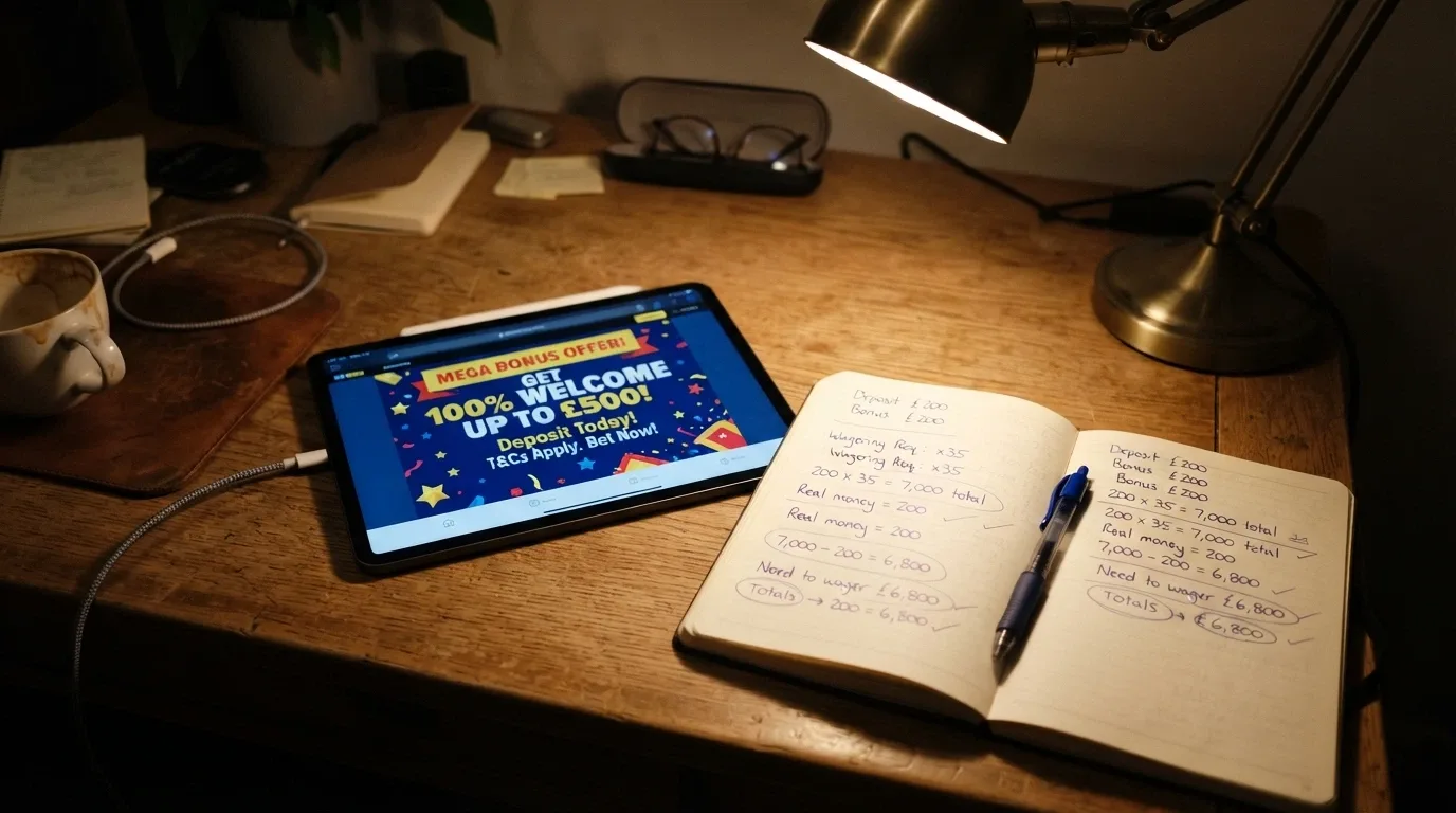 An iPad displaying a casino promotions page alongside a calculator or notepad with wagering arithmetic scribbled on it — the contrast between the headline offer and the fine-print total