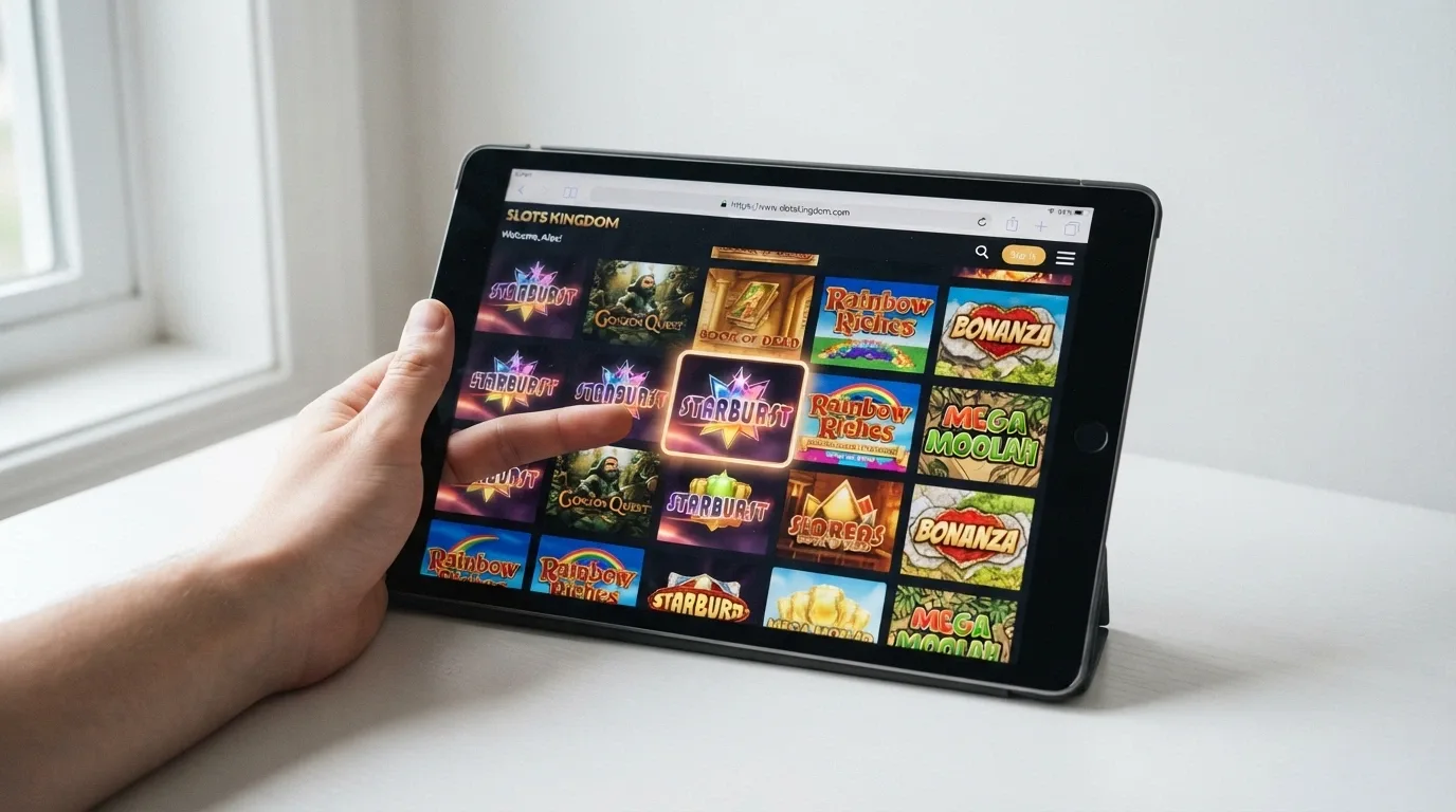 A close-up of an iPad with Safari open to an HTML5 casino site, the touch-friendly game grid filling the screen, one game tile highlighted as though about to be tapped