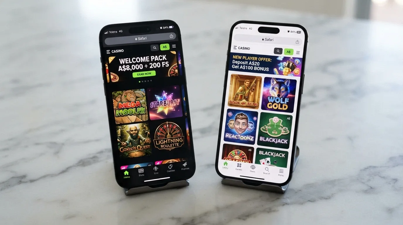 A side-by-side comparison view of two iPhone casino Safari PWAs showing different lobby designs, game thumbnails and bonus banners