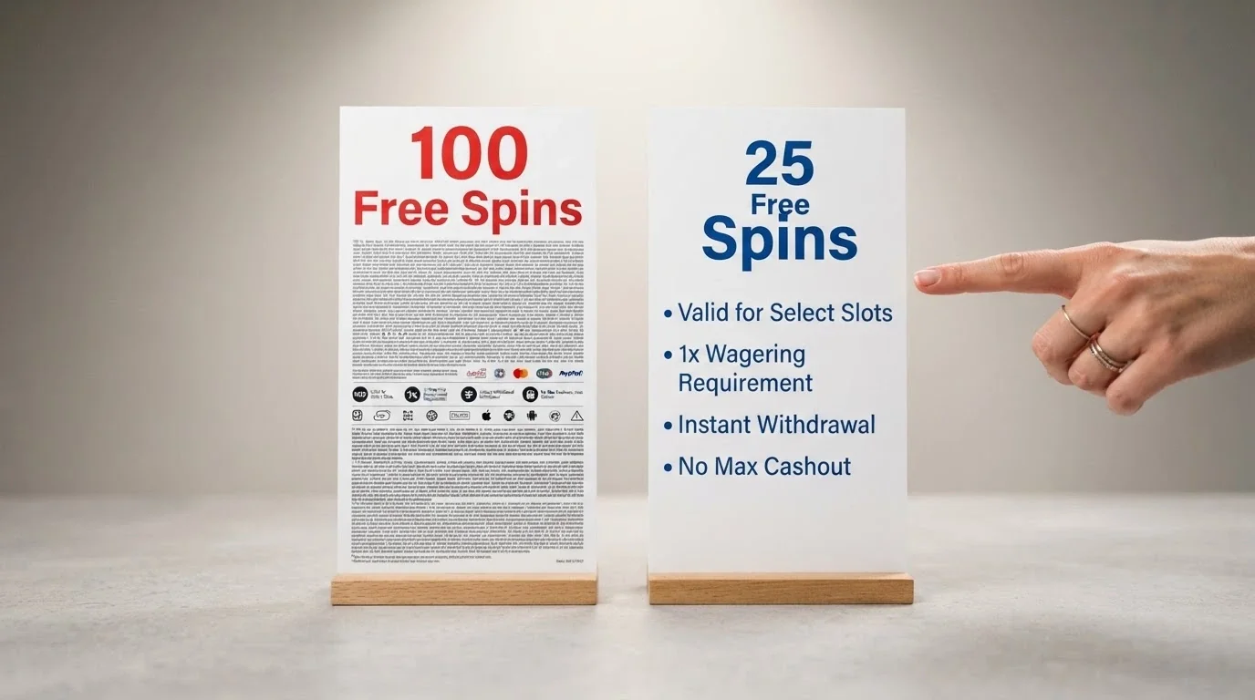 Two no-deposit free-spin bonus banners side by side — one showing 100 spins with dense small print, the other showing 25 spins with clear terms laid out underneath