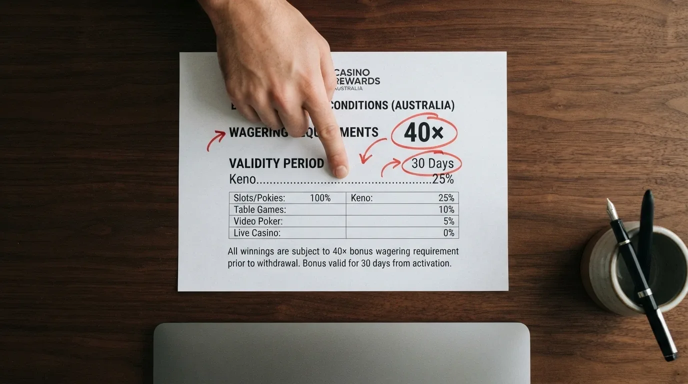 An extract of bonus terms and conditions showing a 40× wagering requirement, a game contribution table with keno listed at 25%, and a validity period of 30 days