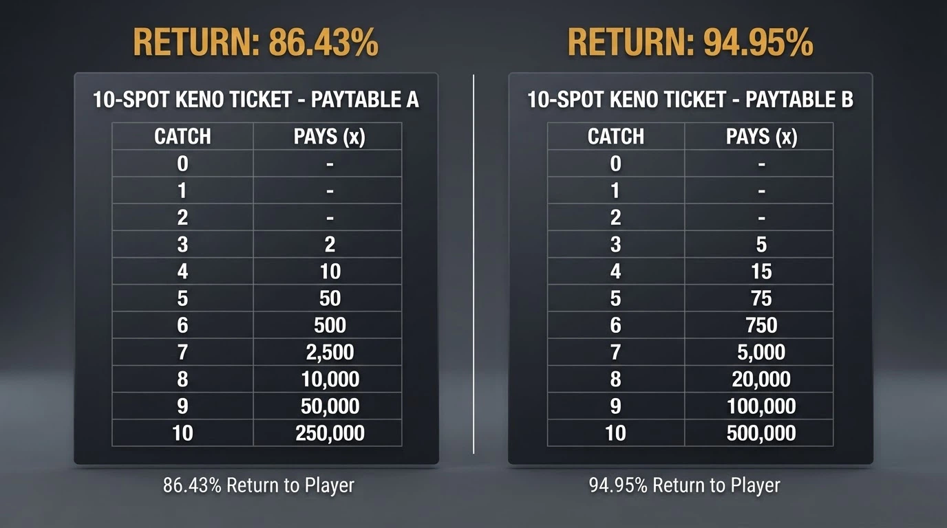 Two keno paytables displayed side by side for an identical 10-spot ticket, with the return percentage highlighted — one showing 86.43% and the other 94.95%