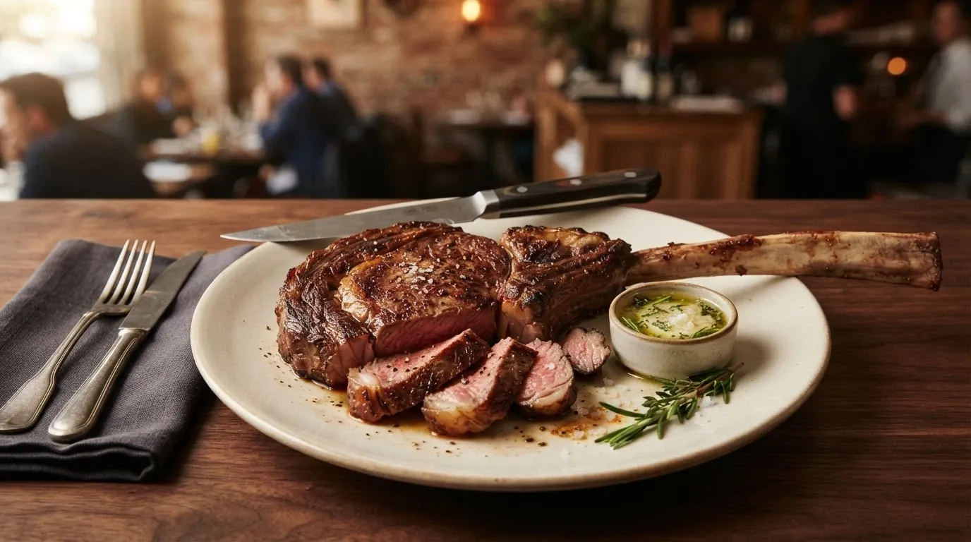 A plated 2GR full-blood wagyu MB8–9+ tomahawk at The Kitchen, SkyCity Adelaide