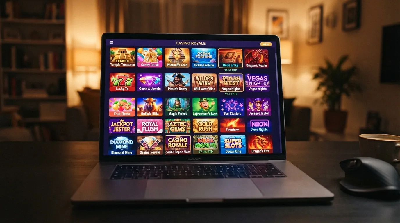 A grid of popular online pokies tiles — Gates of Olympus, Sweet Bonanza, Book of Dead, and Starburst — with their RTP percentages displayed beneath each title