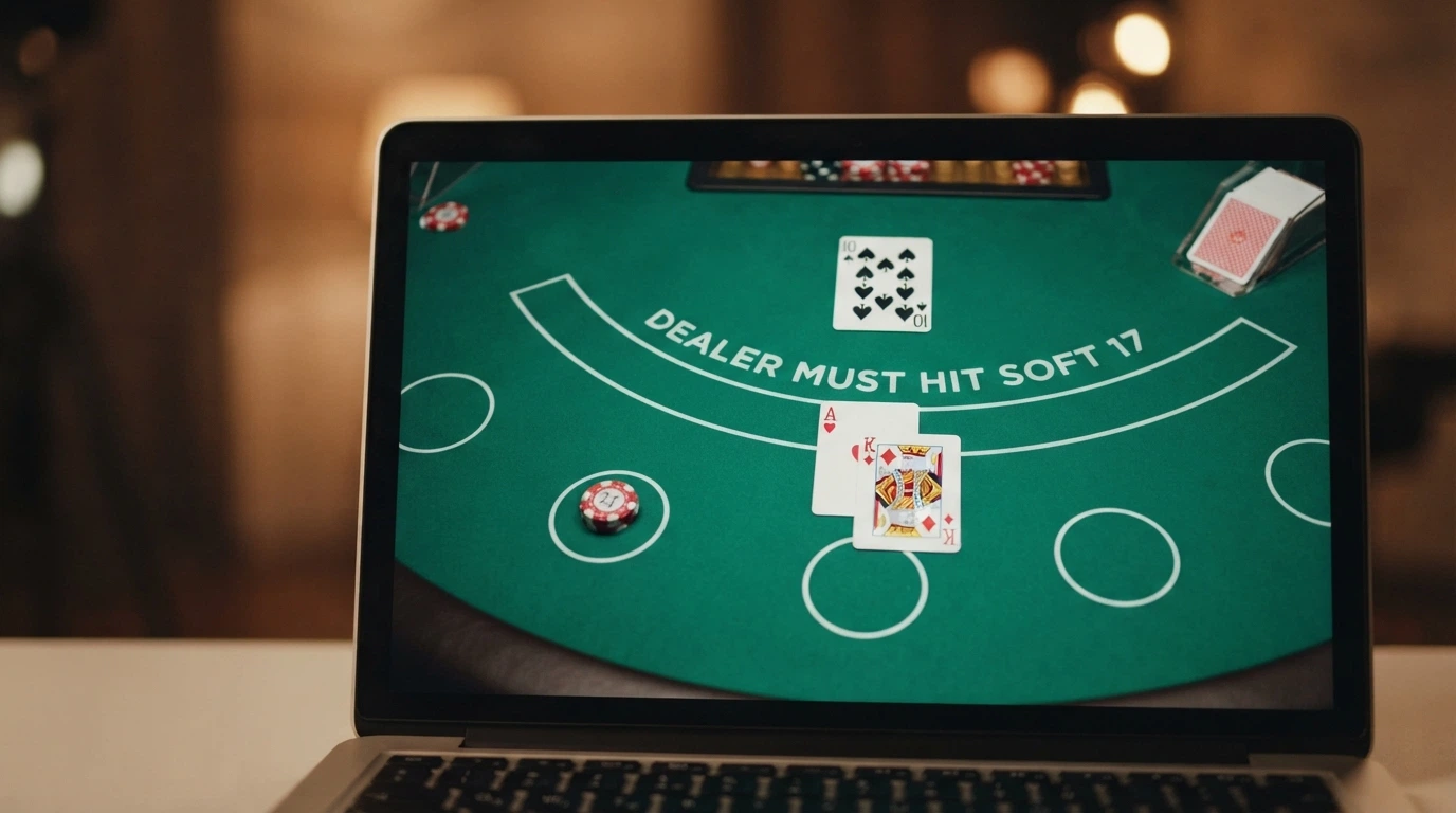 A close crop of a live blackjack table showing the dealer's up-card and the player's hand on screen, with the S17 rule visible on the felt