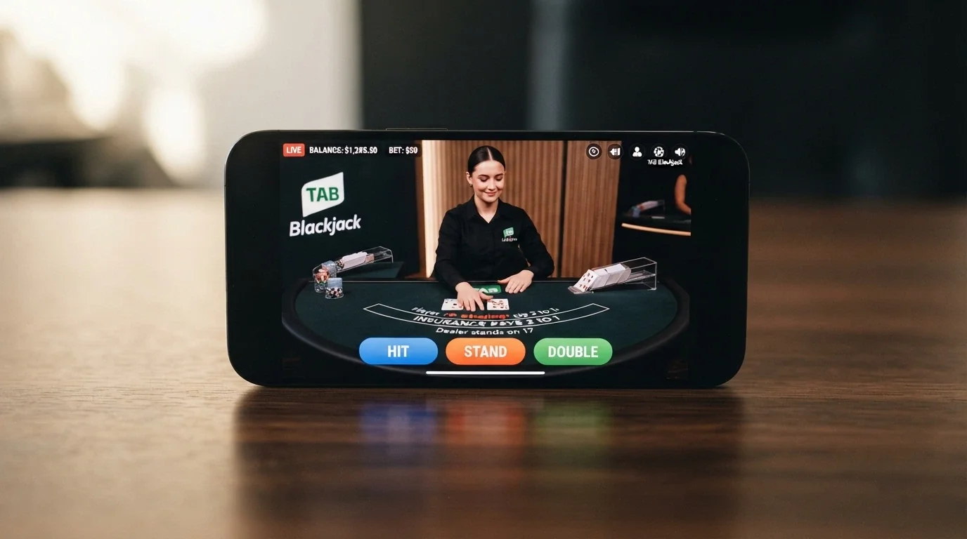A smartphone in landscape mode showing a live blackjack table with a human dealer visible on screen and betting options overlaid