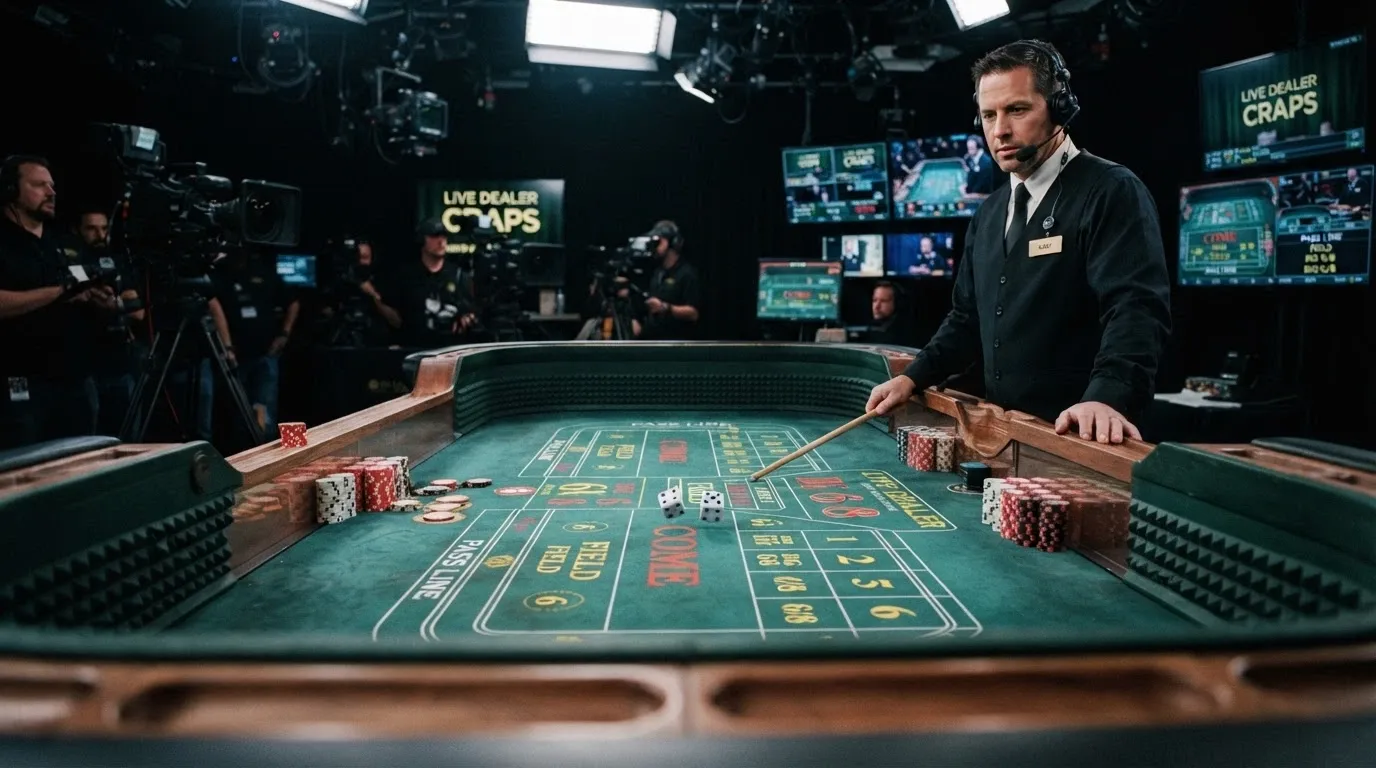 A live dealer craps table inside a broadcast studio, with a human stickman at the rail, real dice mid-roll, and a digital betting interface visible on an overlaid screen.
