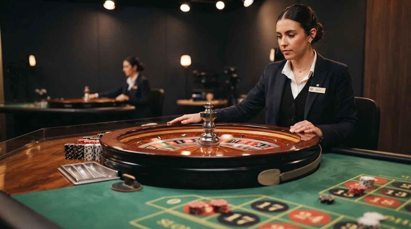 A live-dealer roulette table streamed from a studio with a dealer spinning the wheel