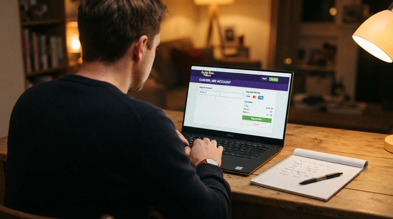 A player considering a deposit amount on a pokies site with a calculator and notepad beside the screen