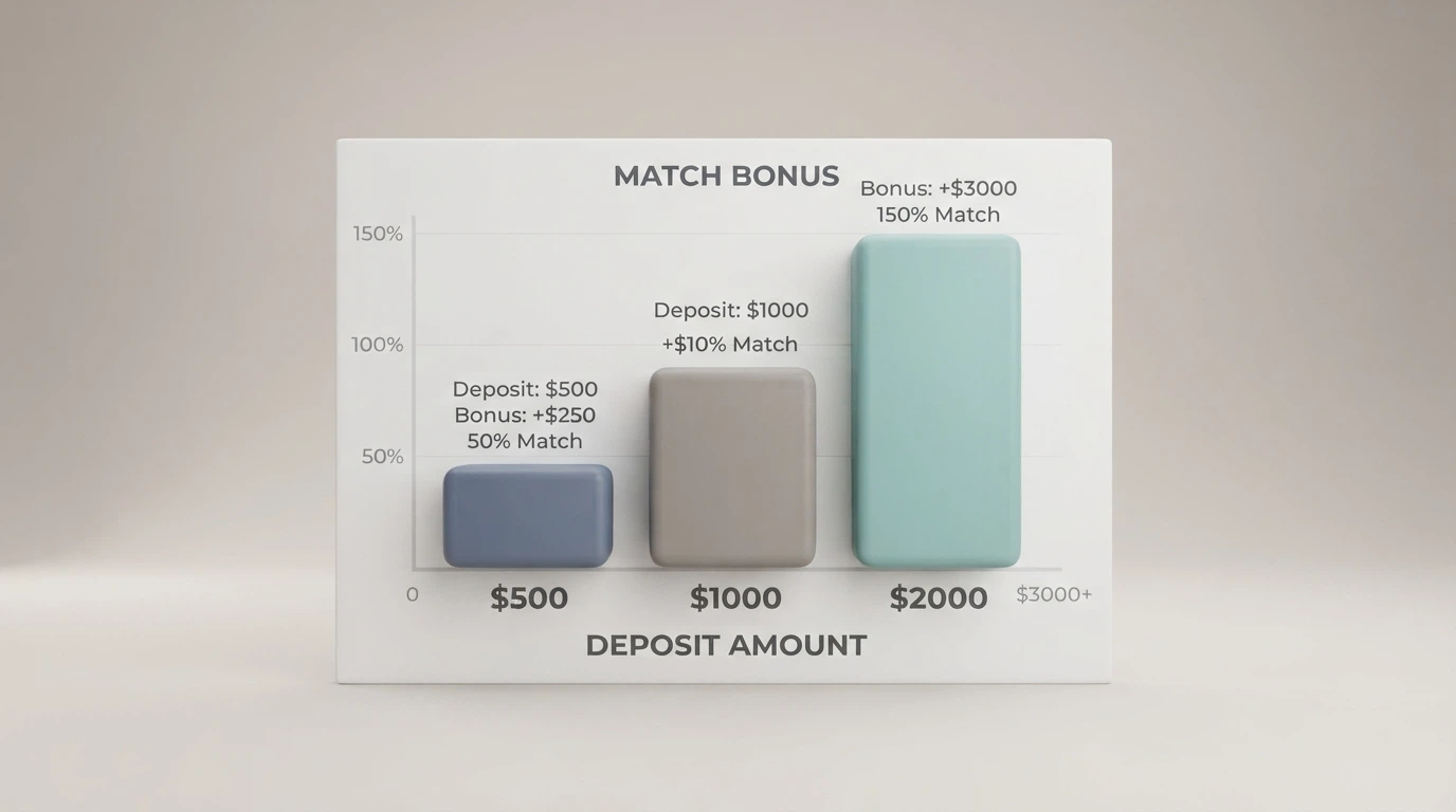 A comparison graphic showing three deposit amounts with their matched bonus values at different percentages, the gap between them widening as the match rate increases