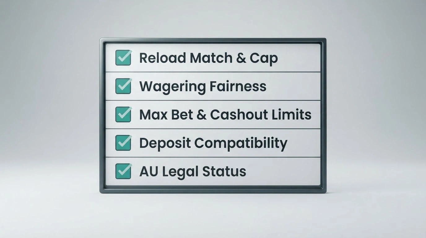 A clean checklist graphic showing the five evaluation criteria: reload match and cap, wagering fairness, max bet and cashout limits, deposit method compatibility and AU legal status