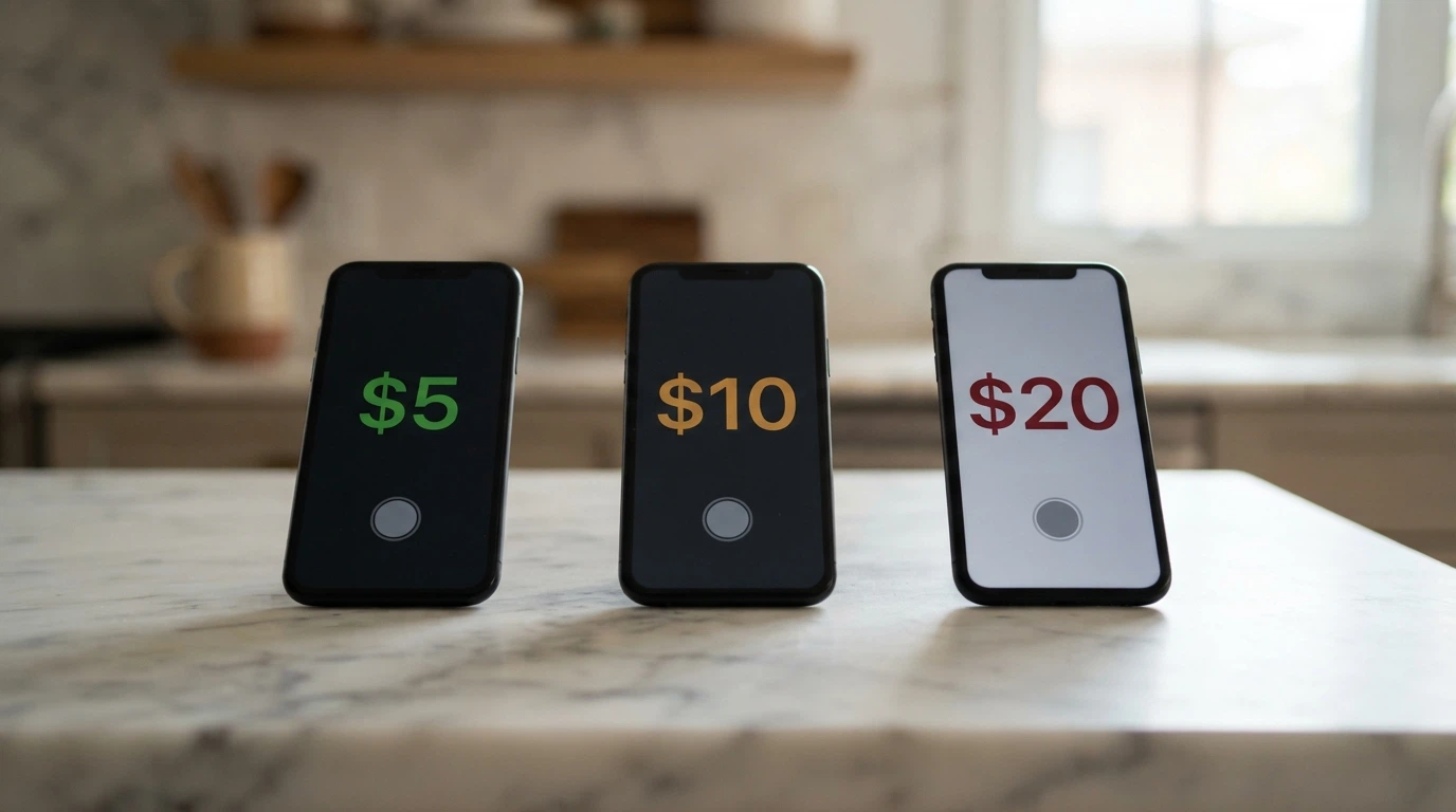 A set of casino cashier screens showing $5, $10 and $20 minimum deposit selectors side by side