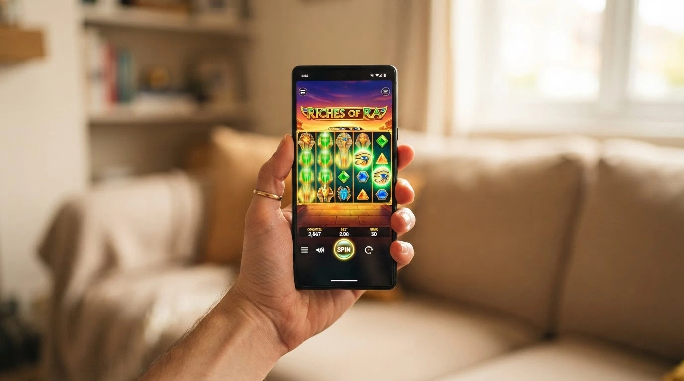A mobile phone held in hand displaying a bitcoin casino game running in a mobile browser
