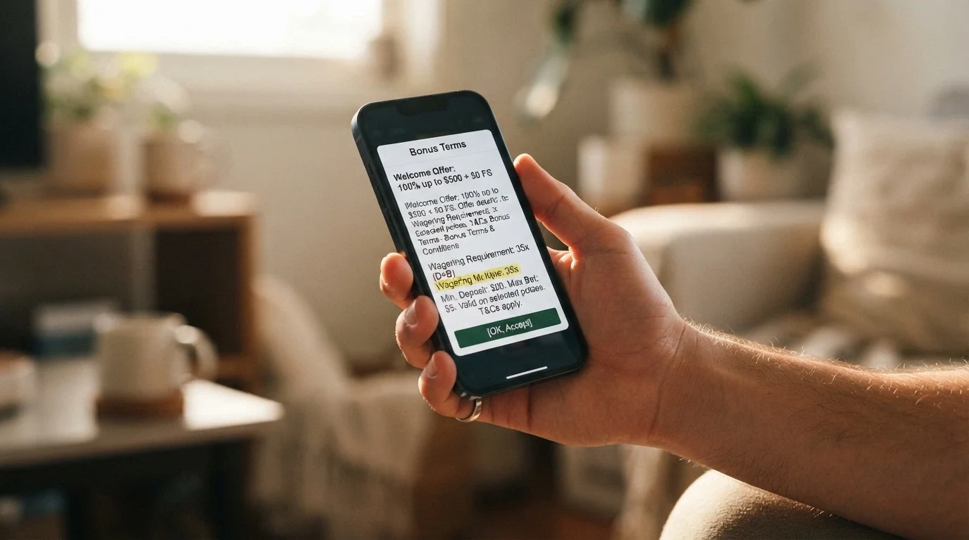A phone screen zoomed in on a bonus terms pop-up, the wagering-multiple line highlighted, shallow depth of field