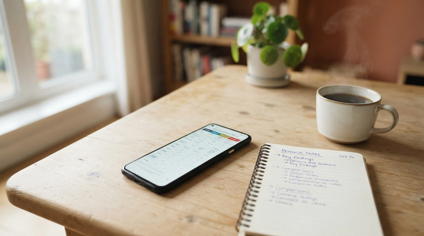 A wide-angle shot of a smartphone on a wooden table next to a notepad with handwritten comparison notes, coffee cup in the frame, natural light