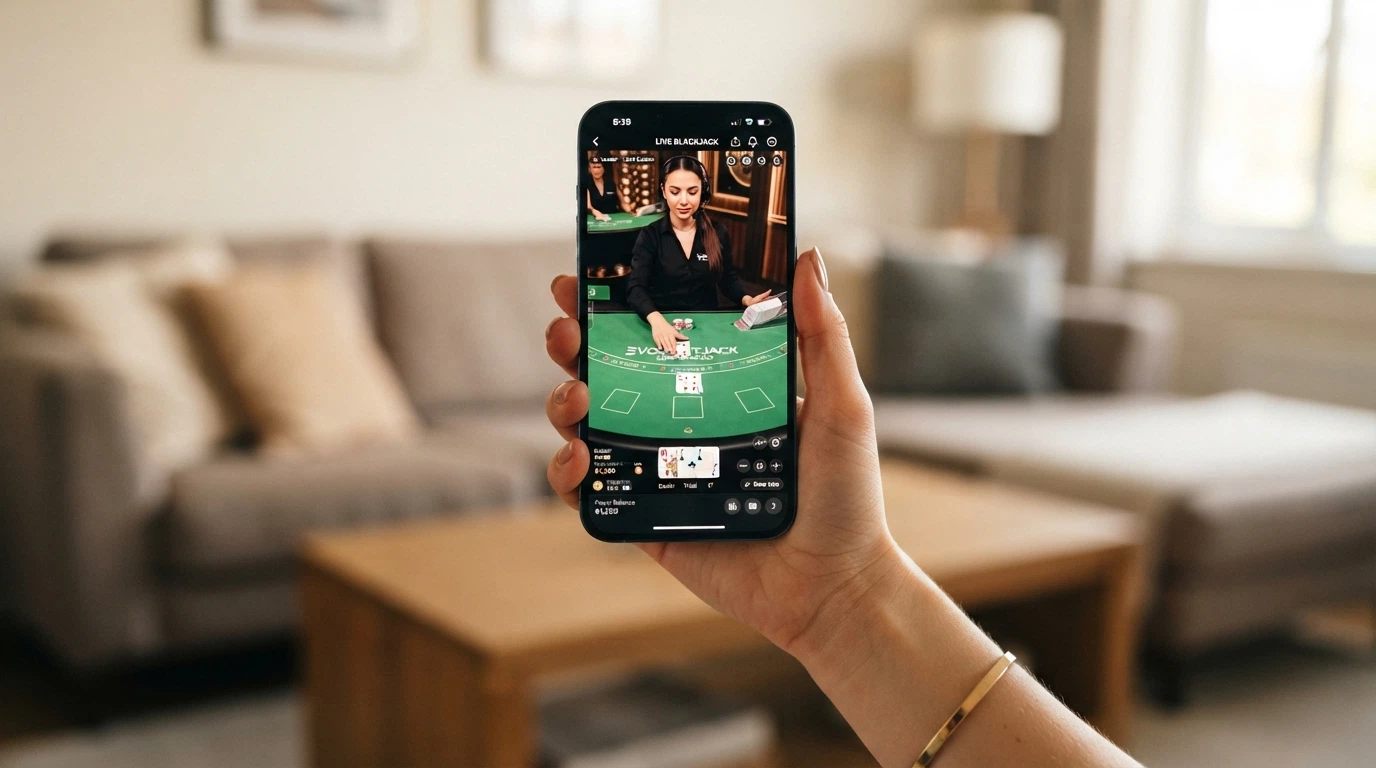 A phone in portrait orientation streaming a live blackjack table from a studio floor, cards being dealt by a human dealer visible on screen