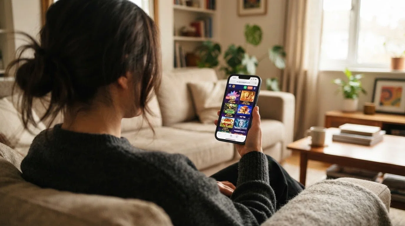 A smartphone held in one hand displaying an Ethereum casino game lobby with pokie thumbnails, with no app-store icon visible